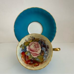 🔻🔻🔻Anseley turquoise blue teacup and saucer signed by JA Bailey